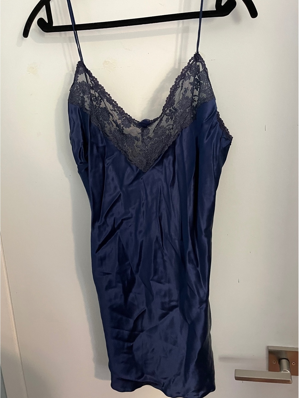 100% Silk Christine Vancouver Navy Blue Lace Chemise Slip Dress L